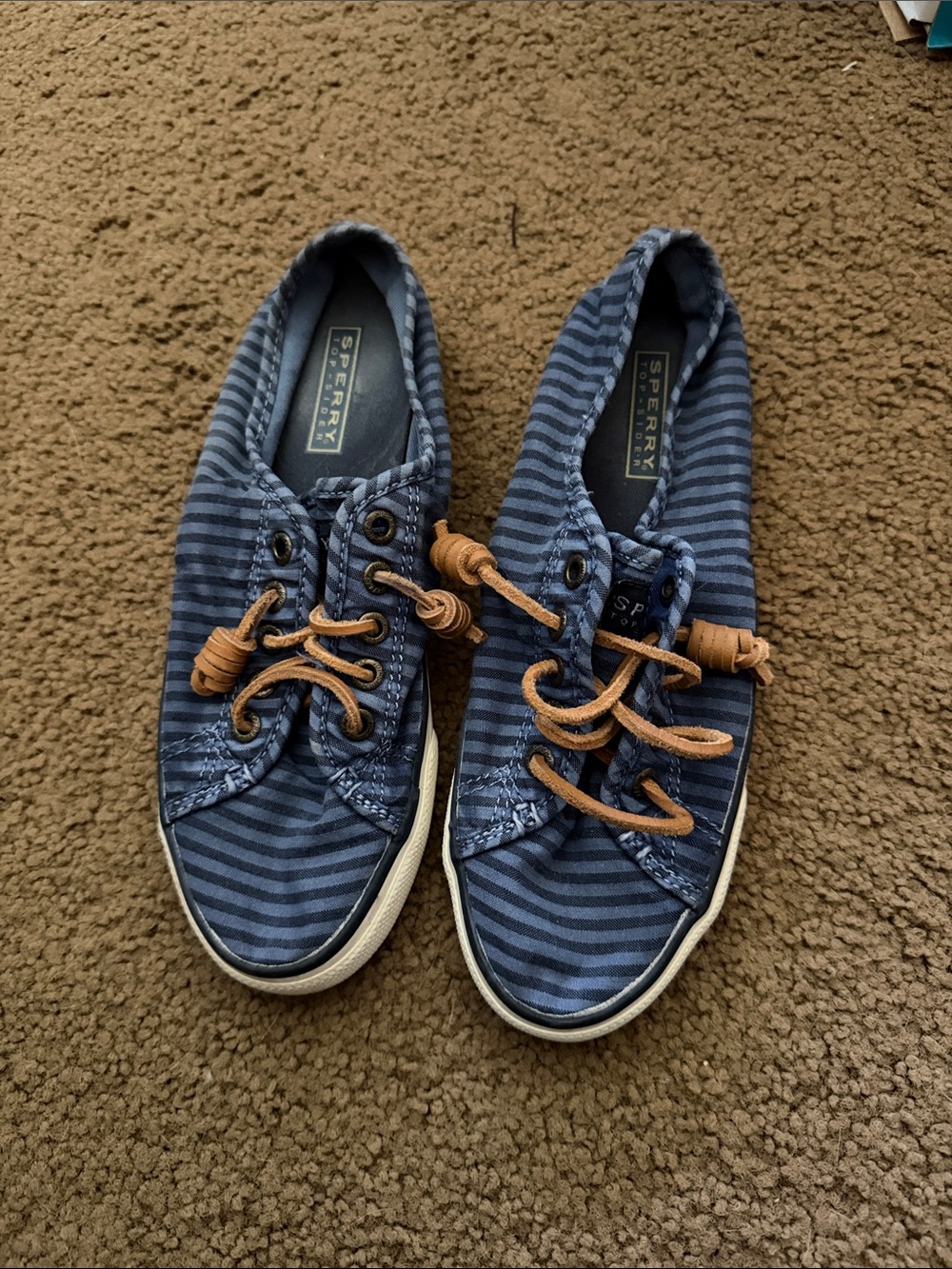 Sperry Navy Striped Canvas Deck Sneakers with Tan Laces